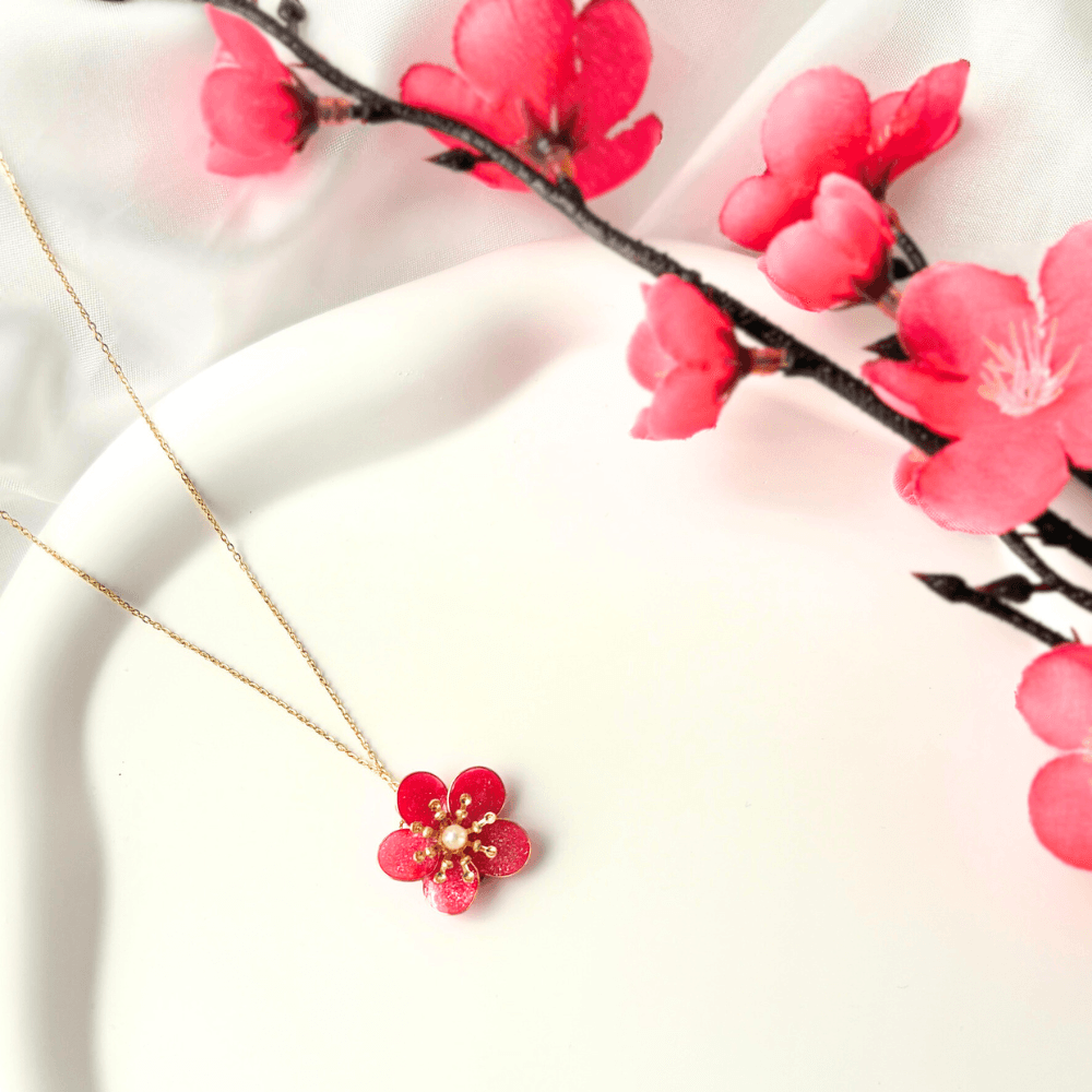 【梅】ネックレス レッド サージカルステンレス 金属アレルギー対応 受注生産 春の新作 | 4枚目